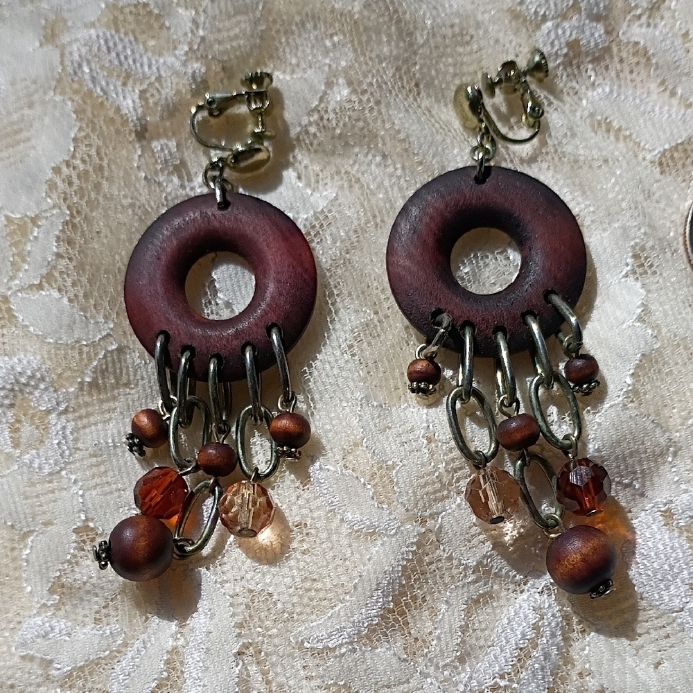 Elegant Screw On Wood Dangle Earrings With Bead accents